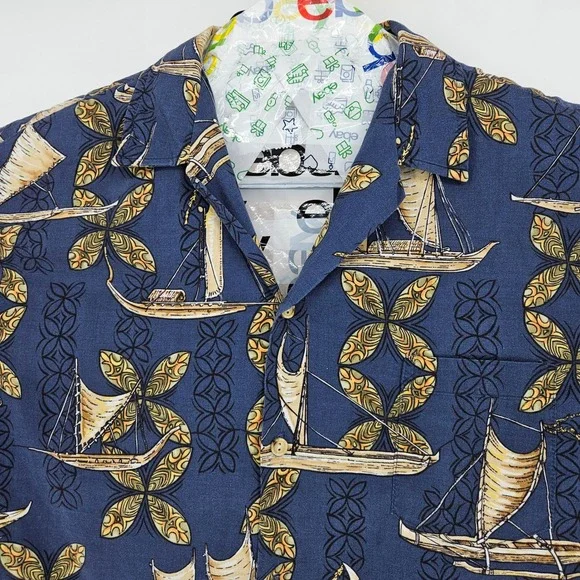 Vintage Kalaheo Shirt Mens Large Hawaiian Button Up Boats Floral AOP Tiki Ki - Picture 2 of 9